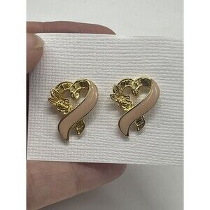 Vintage Avon Pink Enamel Rose Heart Ribbon Earrings